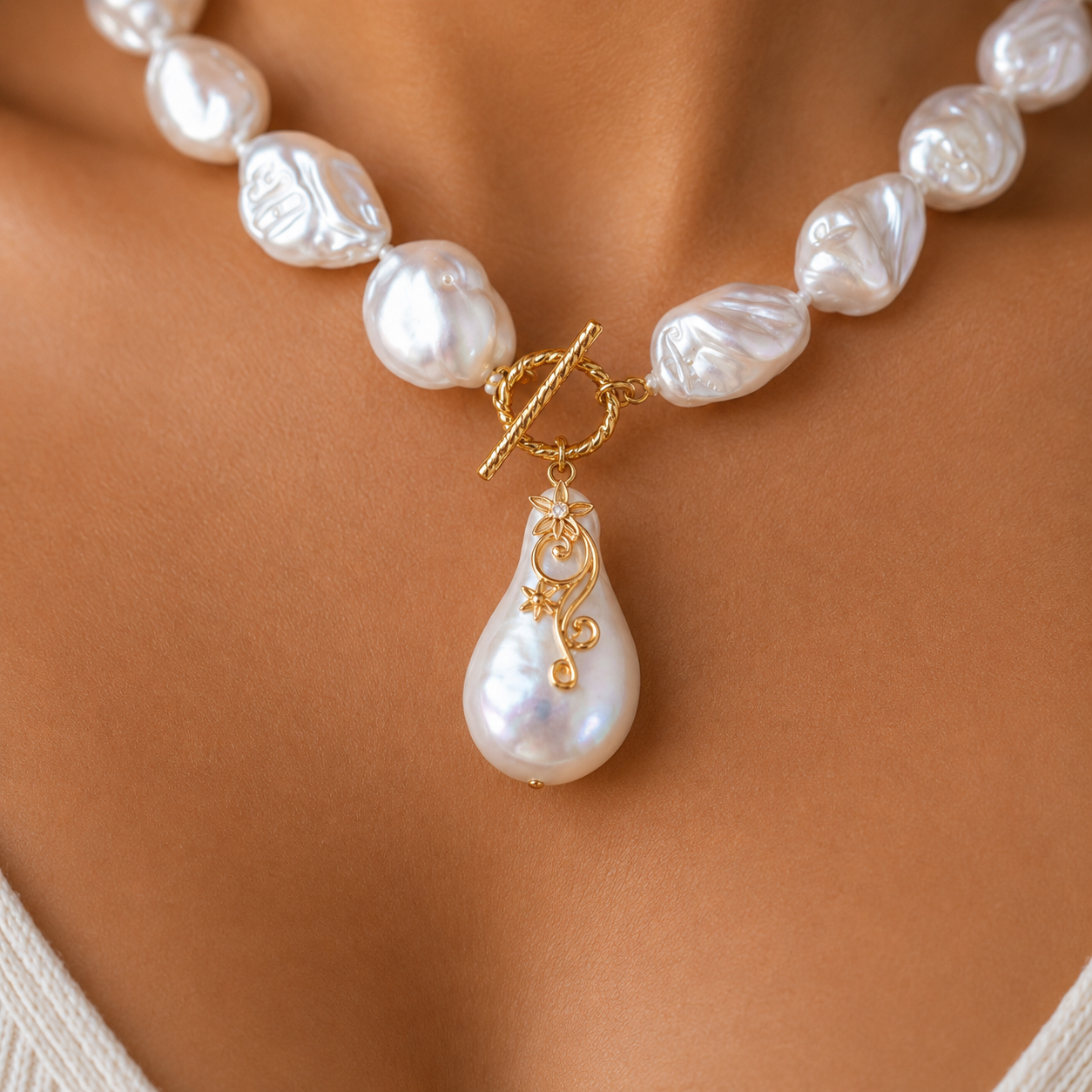 Baroque Pearls Necklace with Pearl Drop Charm