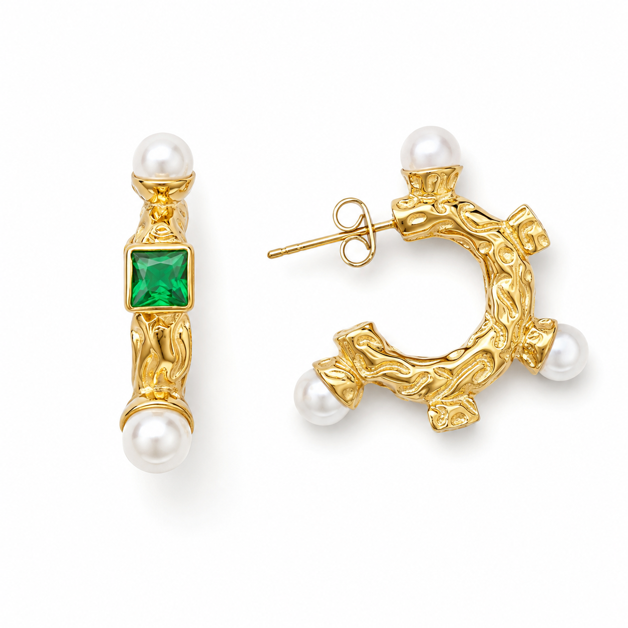 Esmeralda Pearl & Green Stone Hoop Earrings