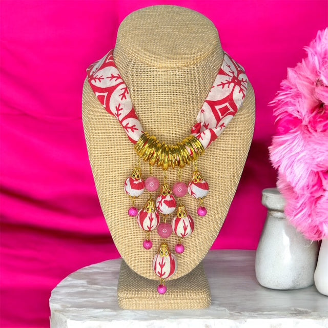 Moringa-Batik Statement Necklace with PINK CORAL Design And Metal Gold Accent
