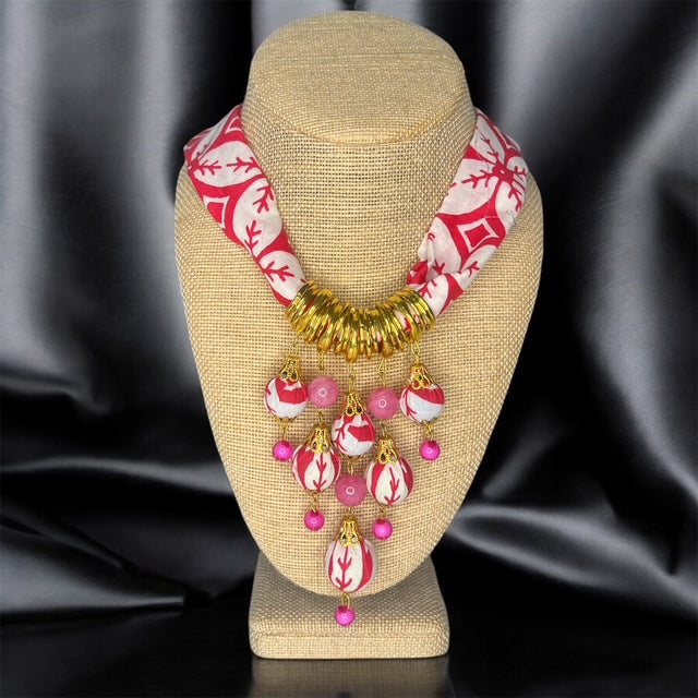 Moringa-Batik Statement Necklace with PINK CORAL Design And Metal Gold Accent