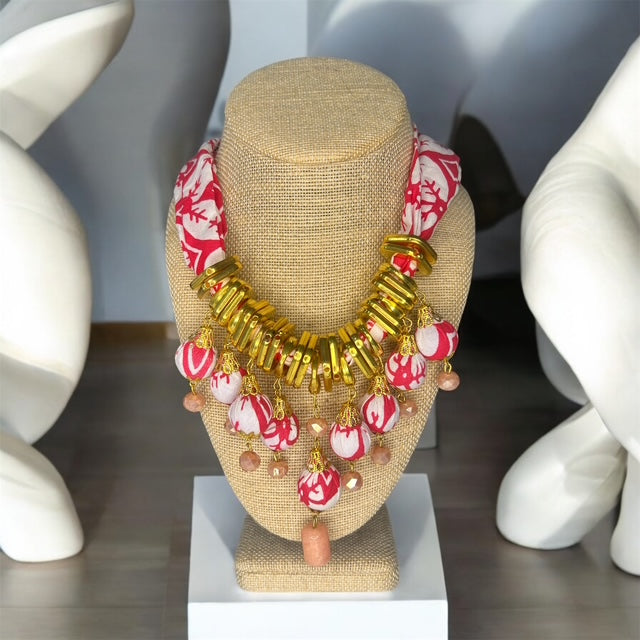 Moringa-Batik Statement Necklace with PINK CORAL Design And Metal Gold Accent