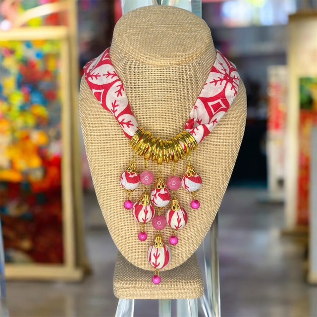 Moringa-Batik Statement Necklace with PINK CORAL Design And Metal Gold Accent
