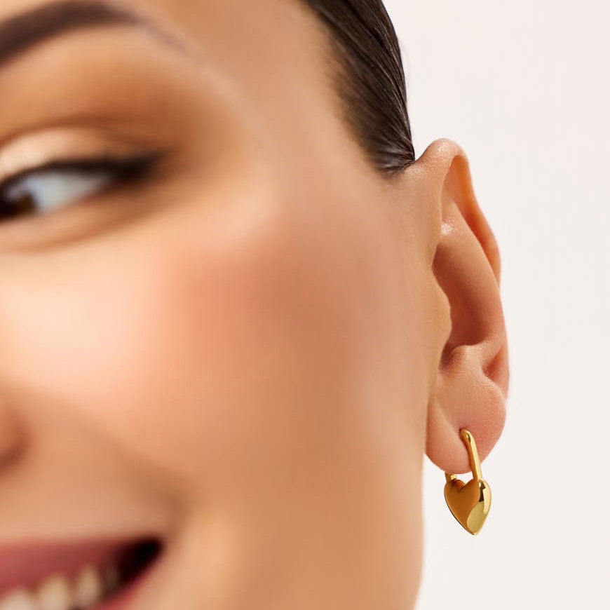 Gold U-Huggie Hoop Puffy Heart Earrings