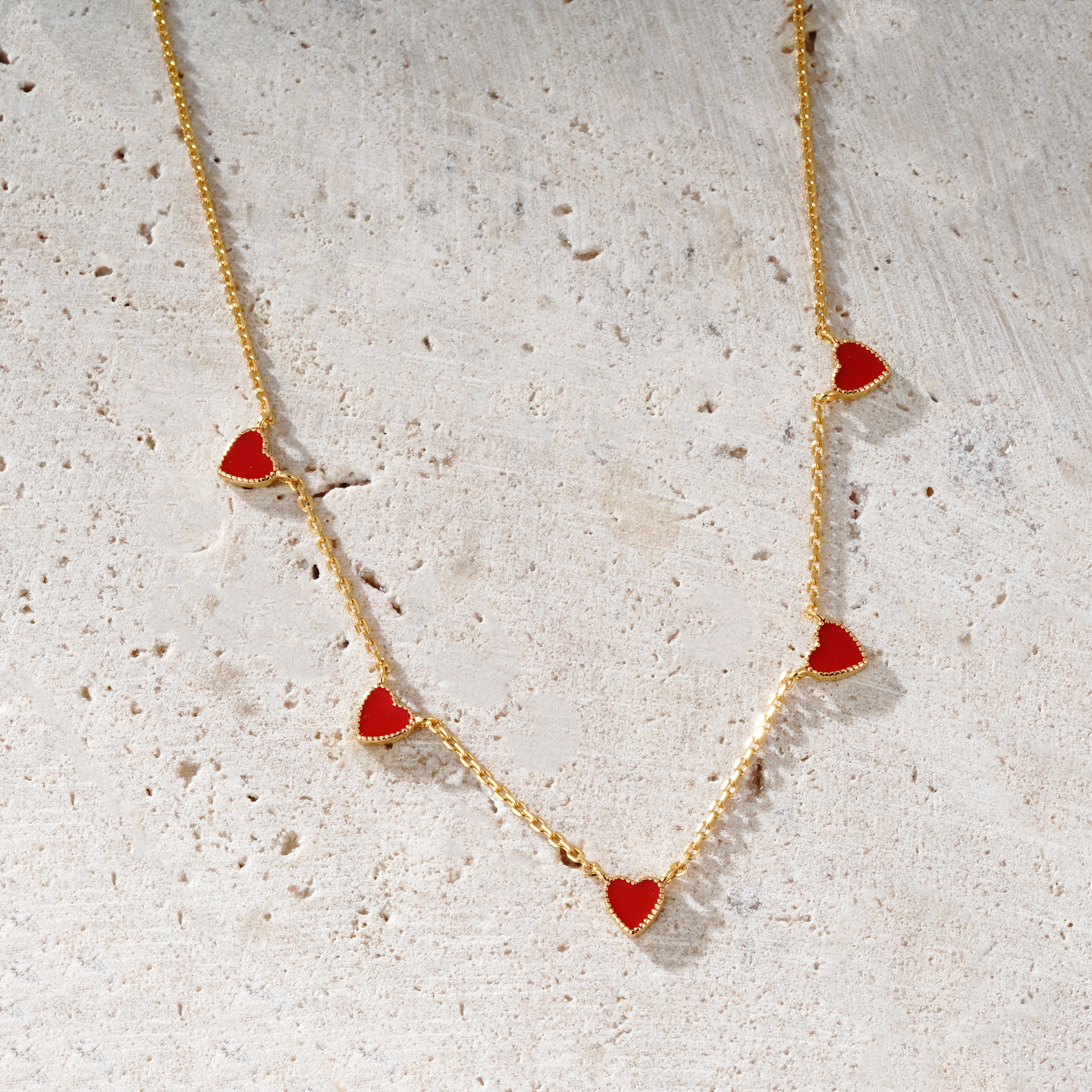 Five Red Enamel Hearts on Gold Chain