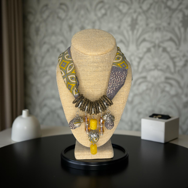 Moringa-Batik Statement Necklace with GRAY and YELLOW GUMITIR Design And Silver and Brass Accent