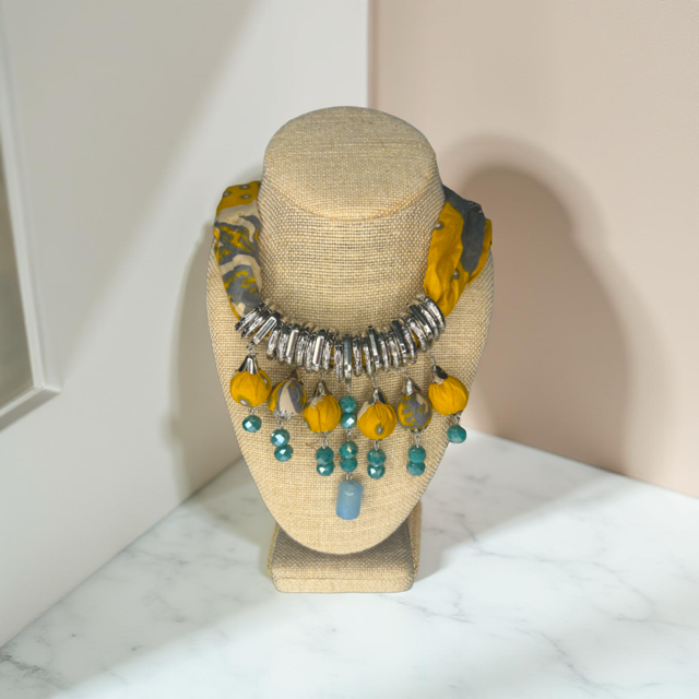Moringa-Batik Statement Necklace with BLUE, GRAY and YELLOW GUMITIR Design And Silver Accent