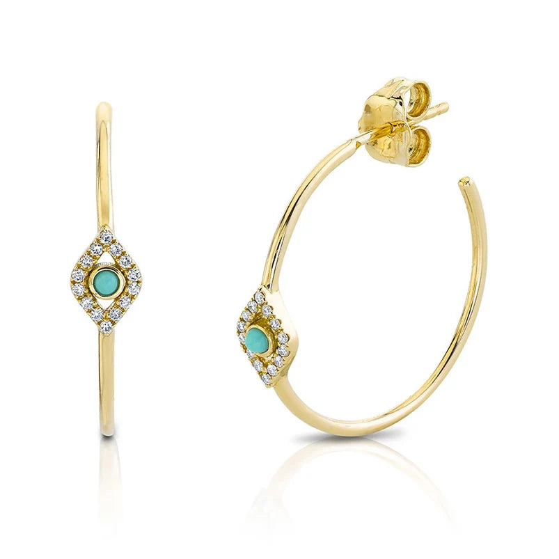 Hoop Earrings with Evil Eye and Turquoise in The Middle, 18K Gold Plated Over Sterling Silver