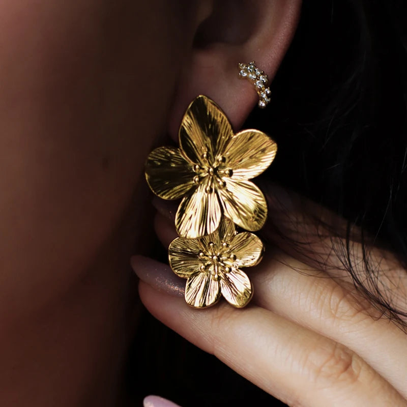 Gold Drop Double Flower Earrings, Bold Yet Light