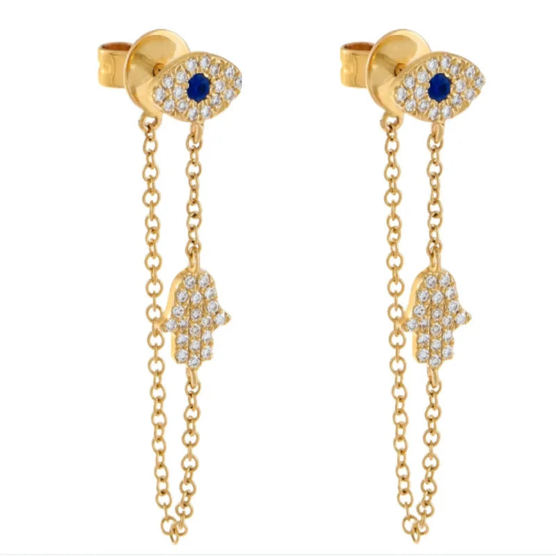 Blue Eye With Chain Dangle Fatima Hand Charms Zircon Evil Eye Stud Gold Earrings