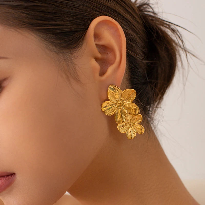 Gold Drop Double Flower Earrings, Bold Yet Light