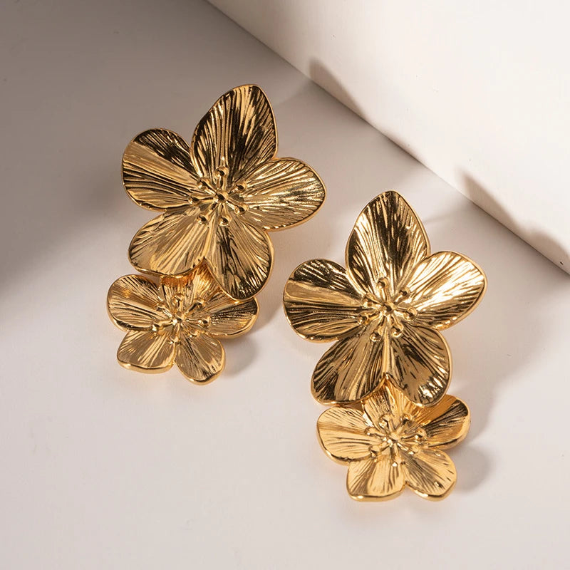 Gold Drop Double Flower Earrings, Bold Yet Light