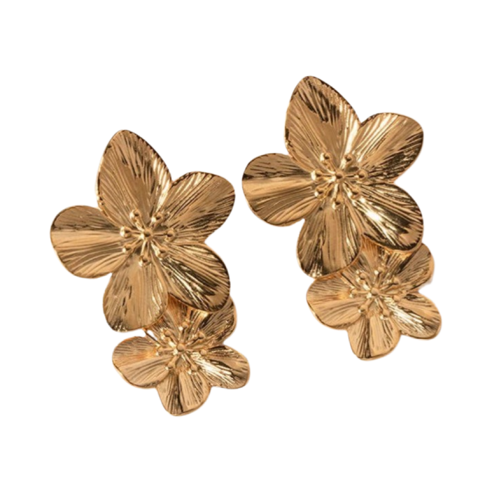 Gold Drop Double Flower Earrings