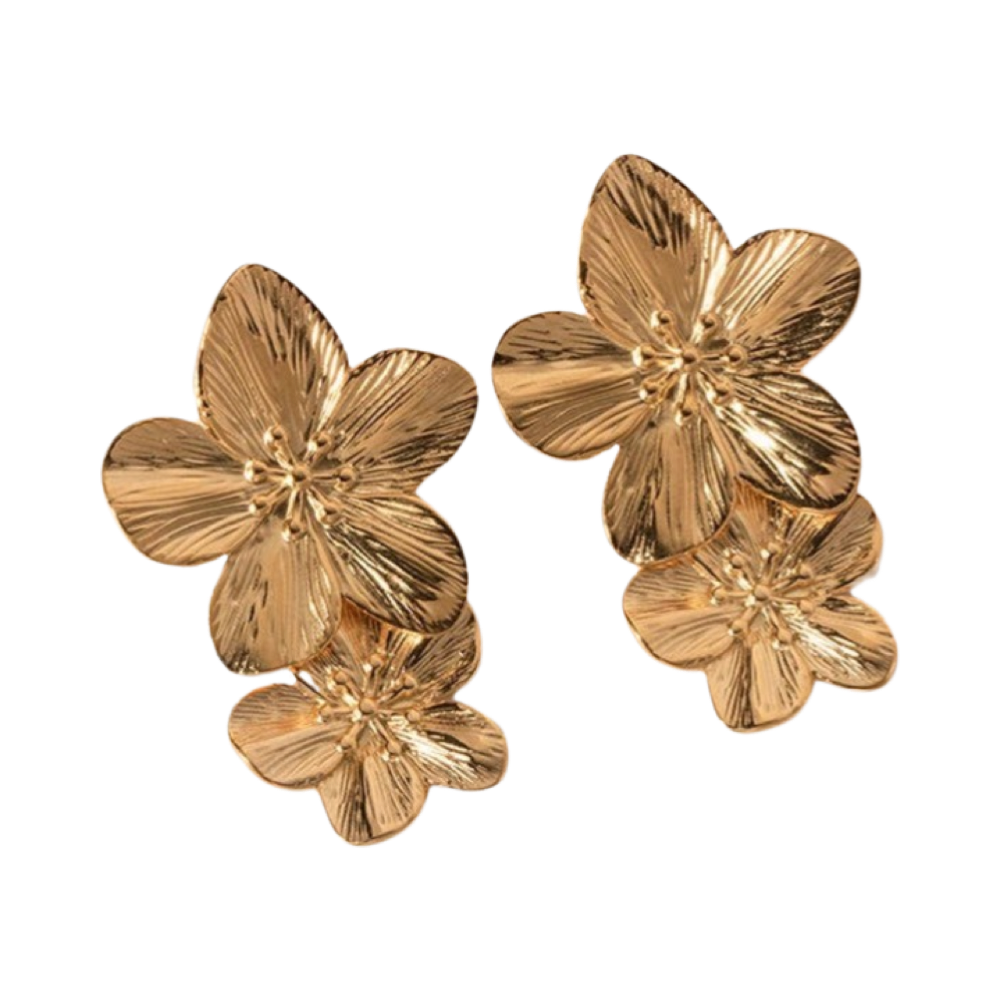 Gold Drop Double Flower Earrings, Bold Yet Light