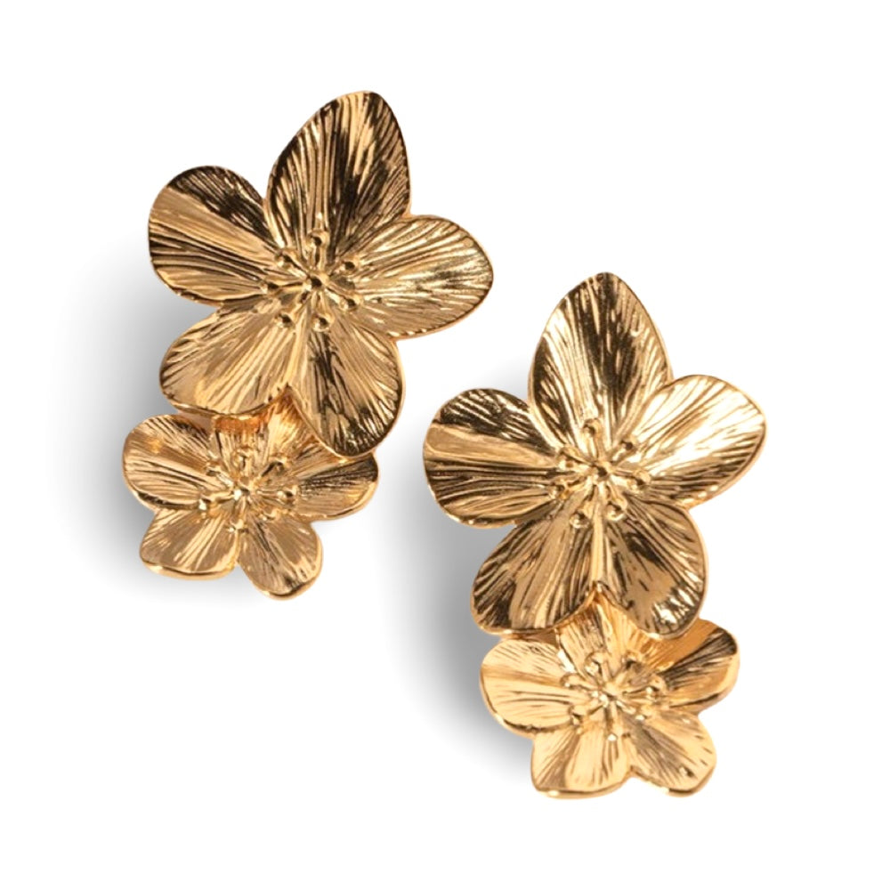 Gold Drop Double Flower Earrings, Bold Yet Light