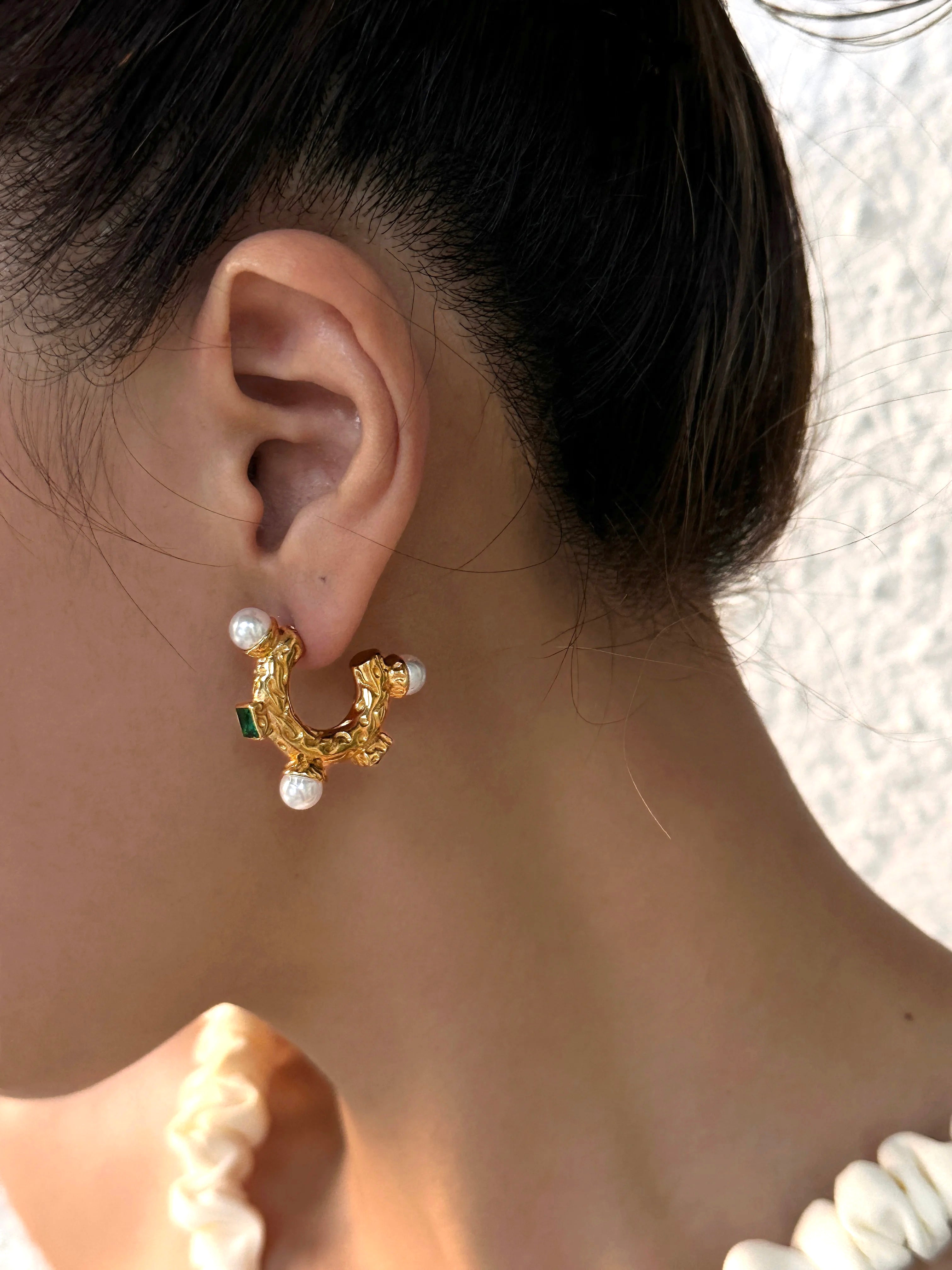 Gold Open Hoop with Pearls and Stones Earrings