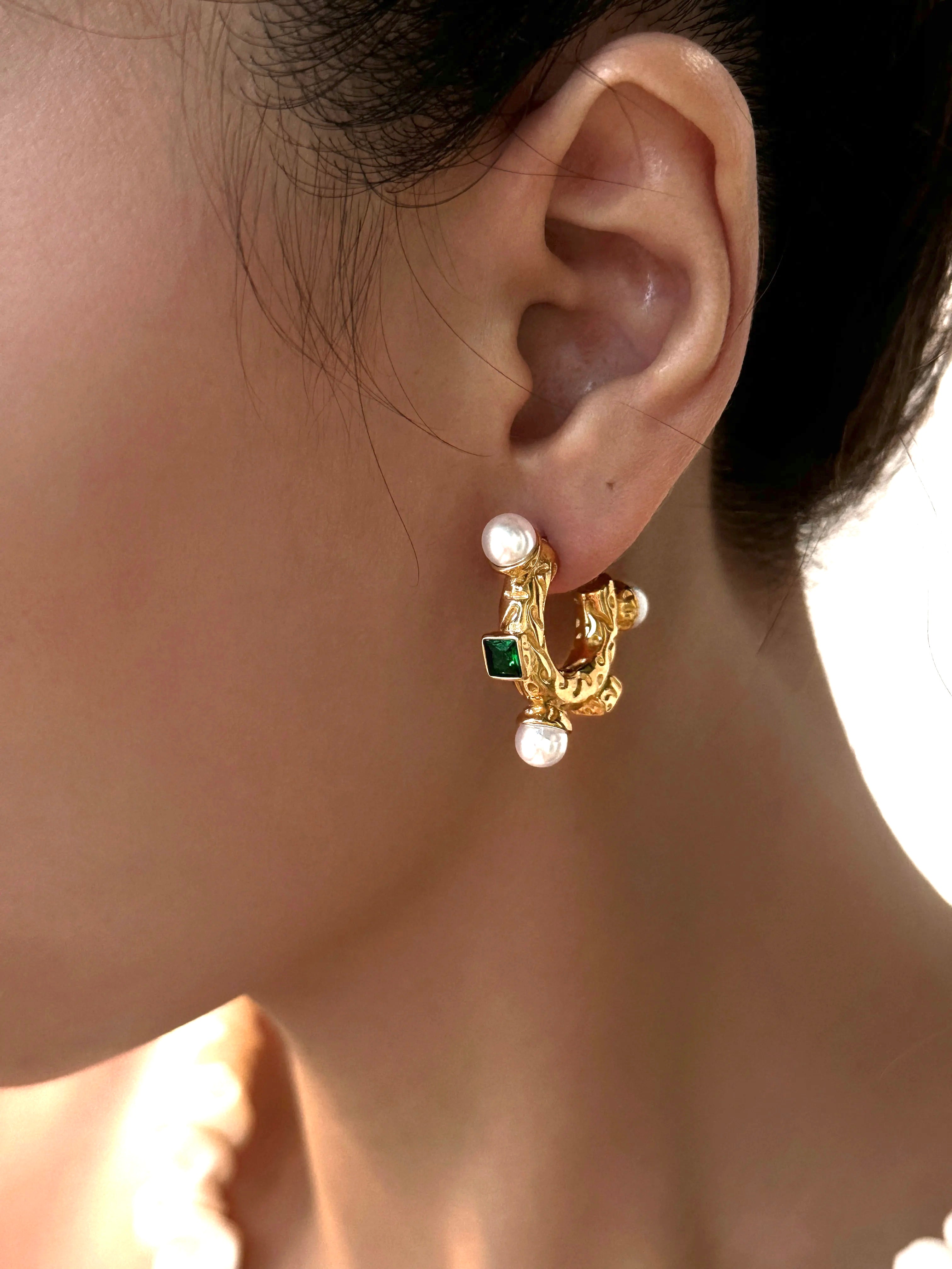 Gold Open Hoop with Pearls and Stones Earrings on Model