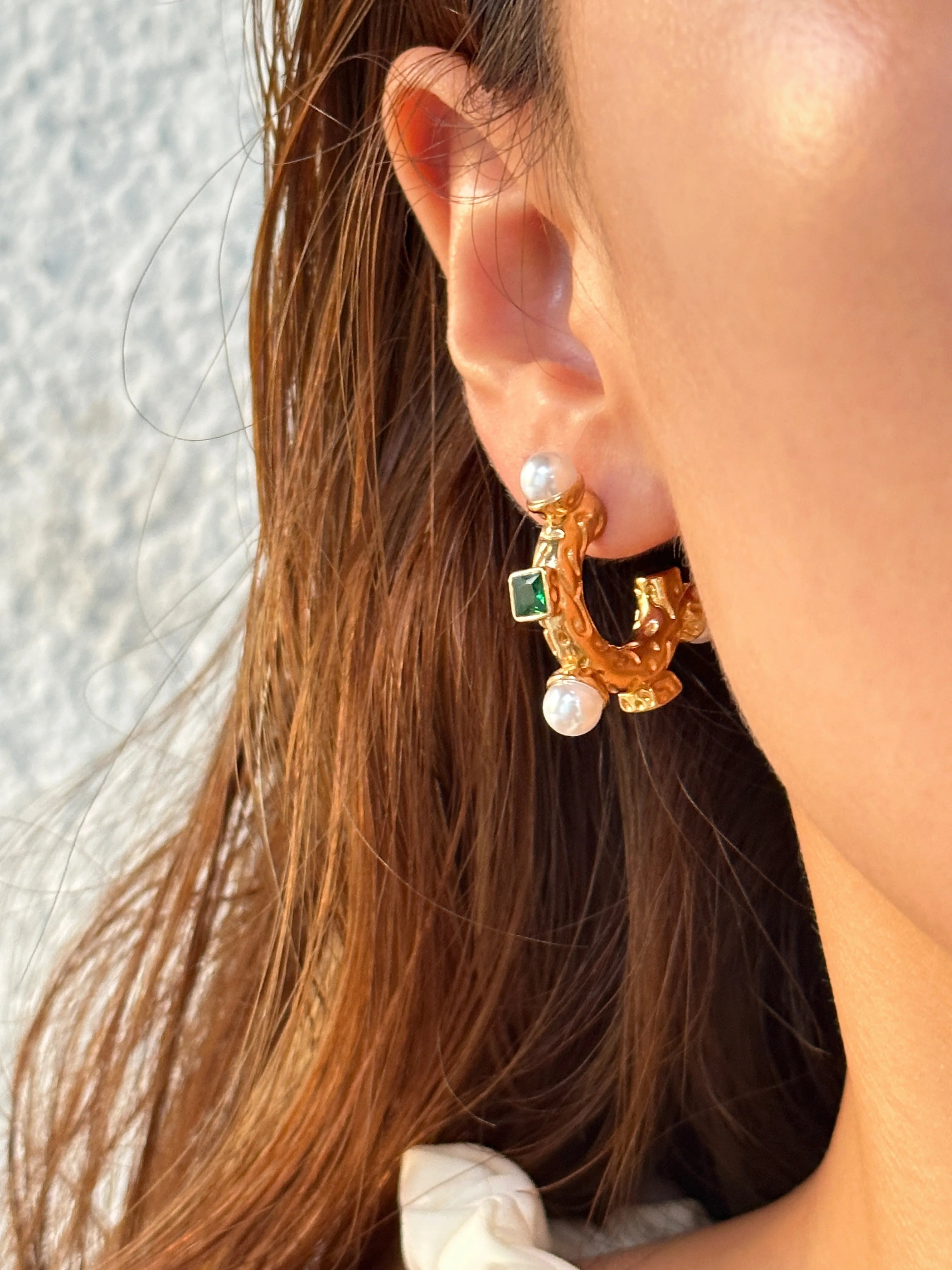 Gold Open Hoop with Pearls and Stones Earrings on model