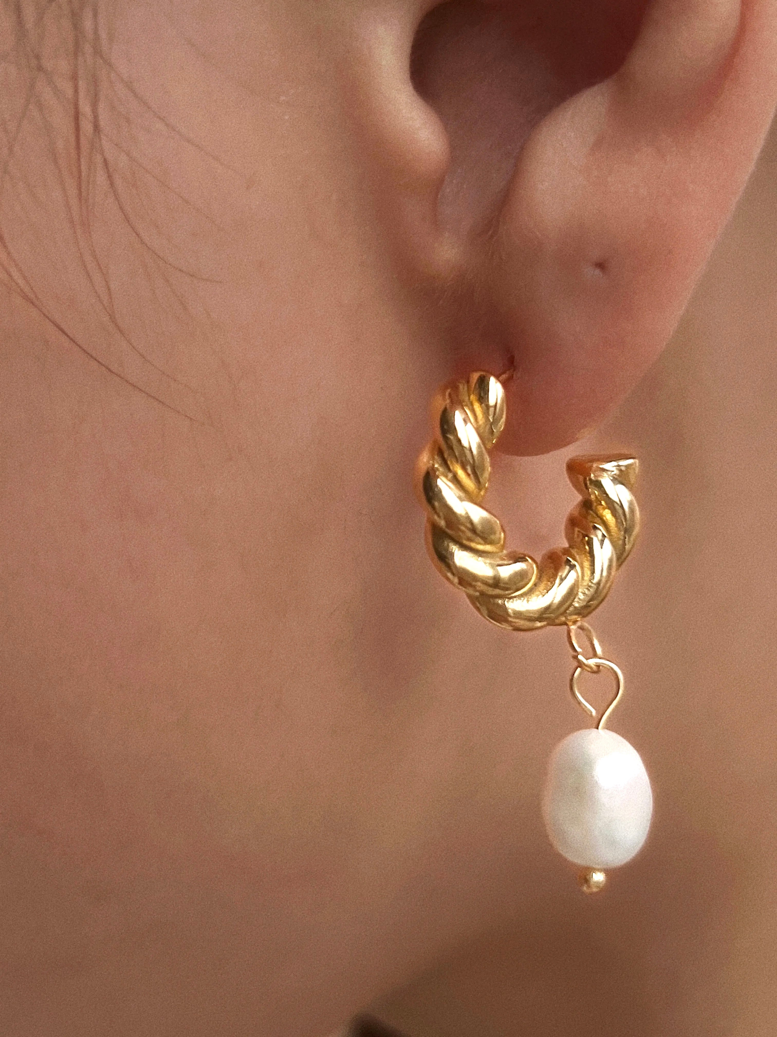 The Ever So Sexy Arc Peal and Gold Earrings Close Up Modeled on Woman