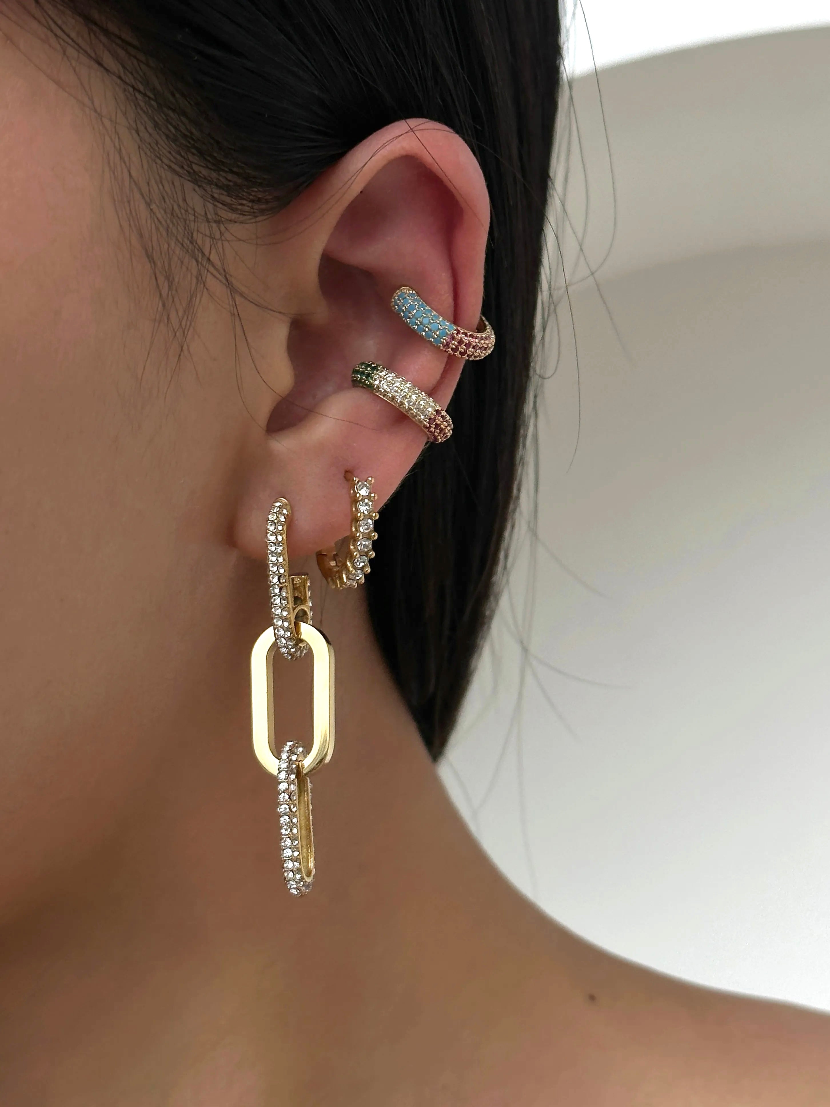 Boss Babe Gold Plated Chain Link Snowflake Zircon Drop Earrings Stacked