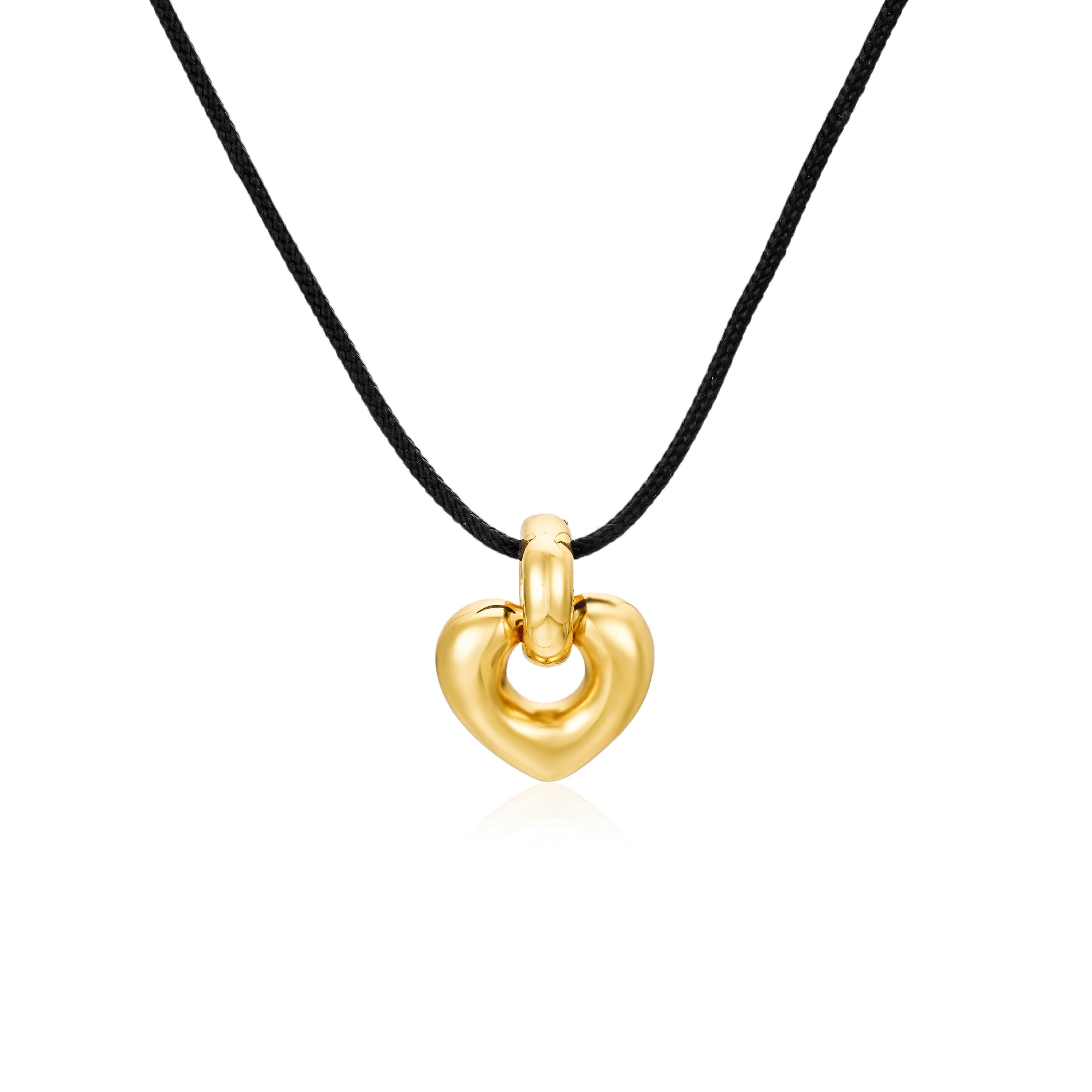 Heart on Black Rope Necklace 18K Yellow Gold Plated Over Sterling Silver