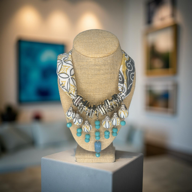 Moringa-Batik Statement Necklace with White and Blue Lapis and KENANGA Flower with Silver Accent