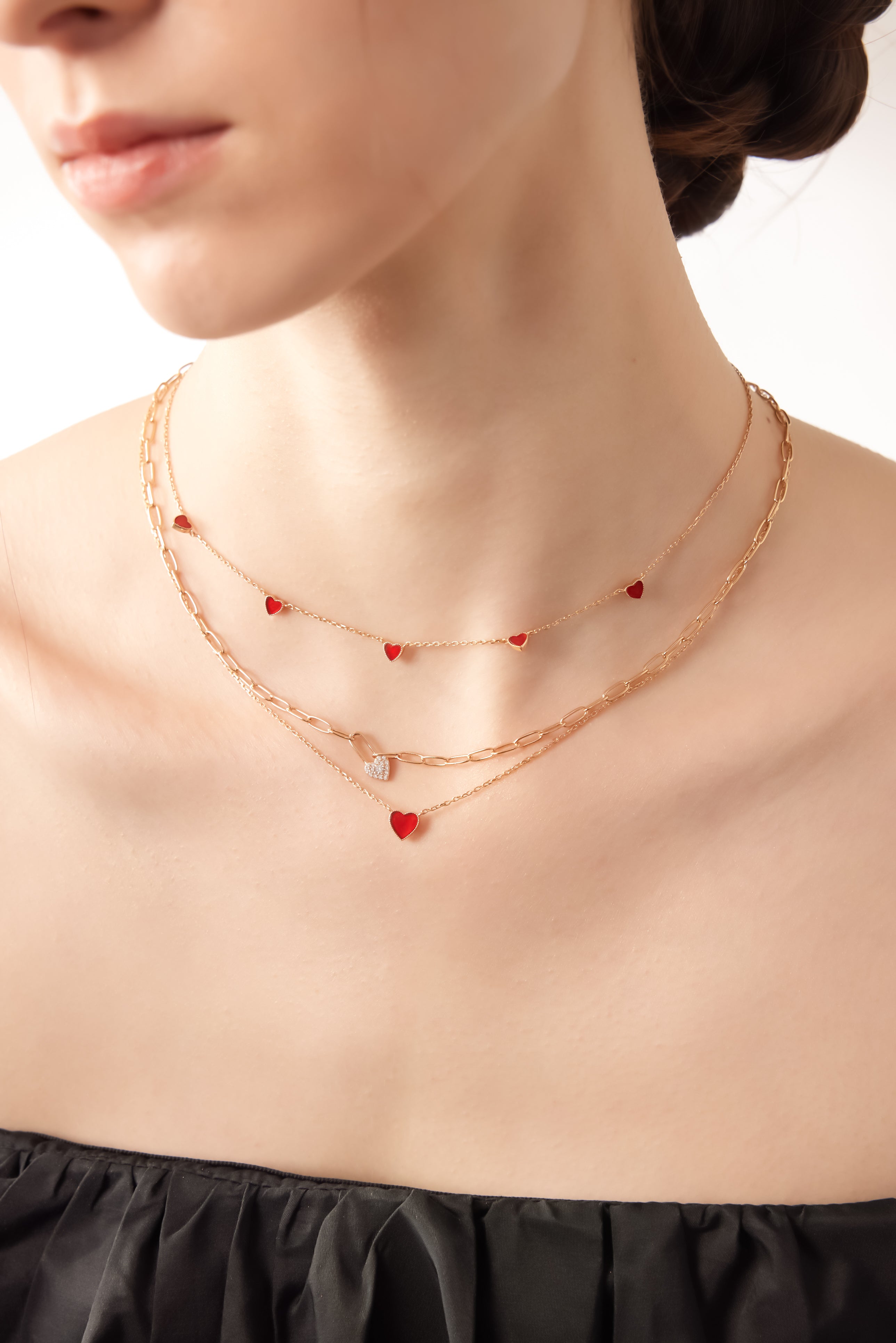 Five Red Enamel Hearts on Gold Chain