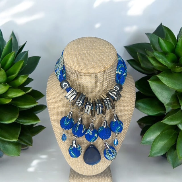 Moringa-Batik Statement Necklace with Royal Blue PAISLEY CHICKEN SERUNI (Flower) with Dark Blue Lapis Large Stone and Silver and Brass Accent