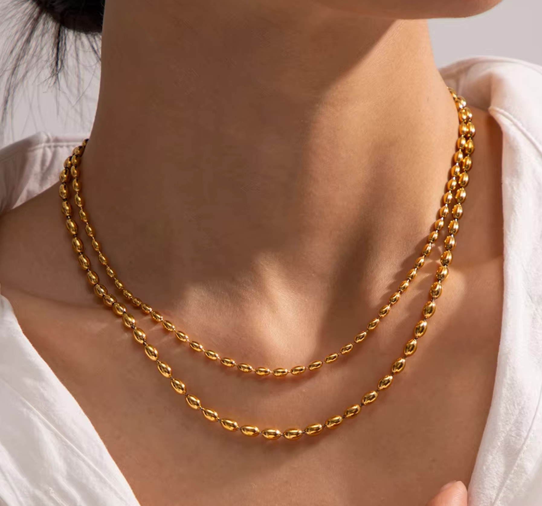 Double Layer Oval Beads Gold Chain