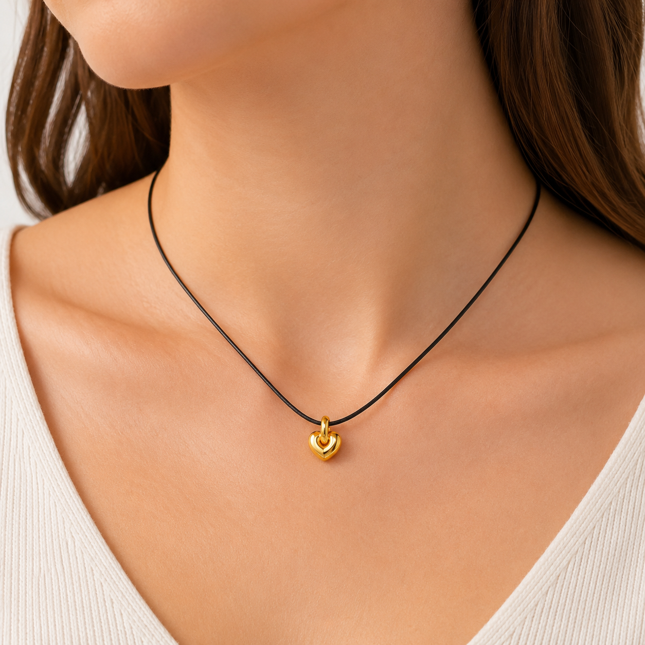 A close-up of a model wearing a delicate black cord necklace with a small, polished gold heart-shaped pendant.