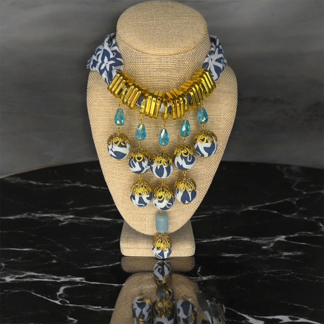Moringa-Batik Statement Necklace with BLUE TELANG Design And Gold Accent