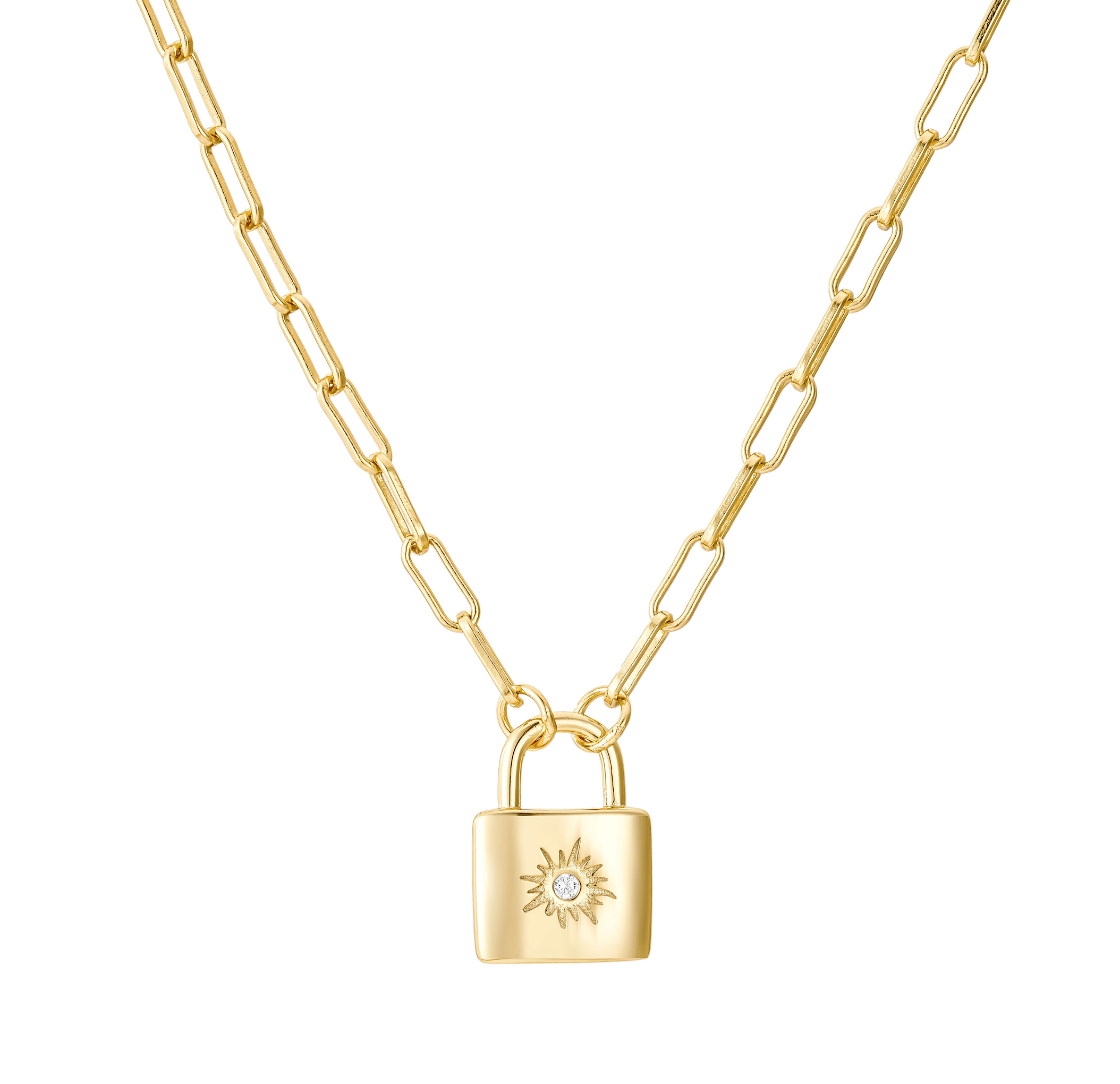 Charlotte gold locket necklace with paperclip chain and cubic zirconia detail