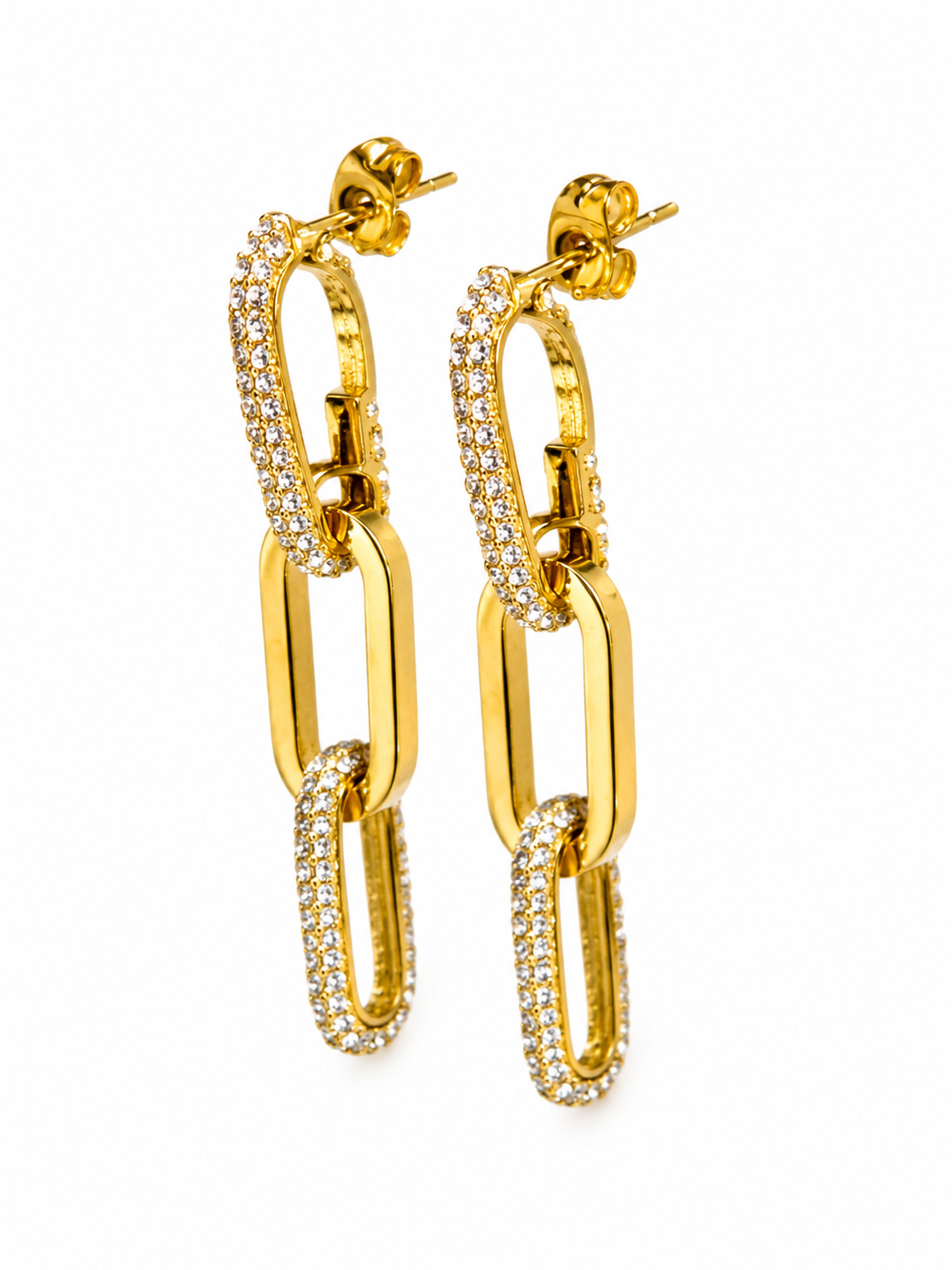 Pair of Cici gold chain-link drop earrings with sparkling pavé crystal accents on a white background.