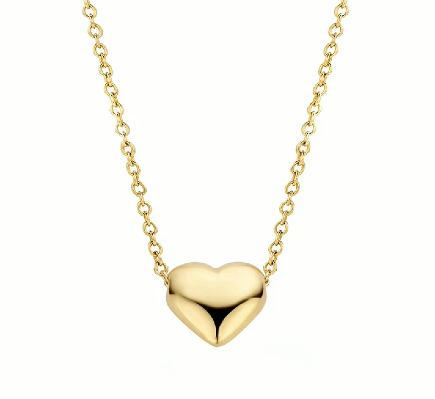 Claire gold heart pendant necklace with a polished finish on a white background
