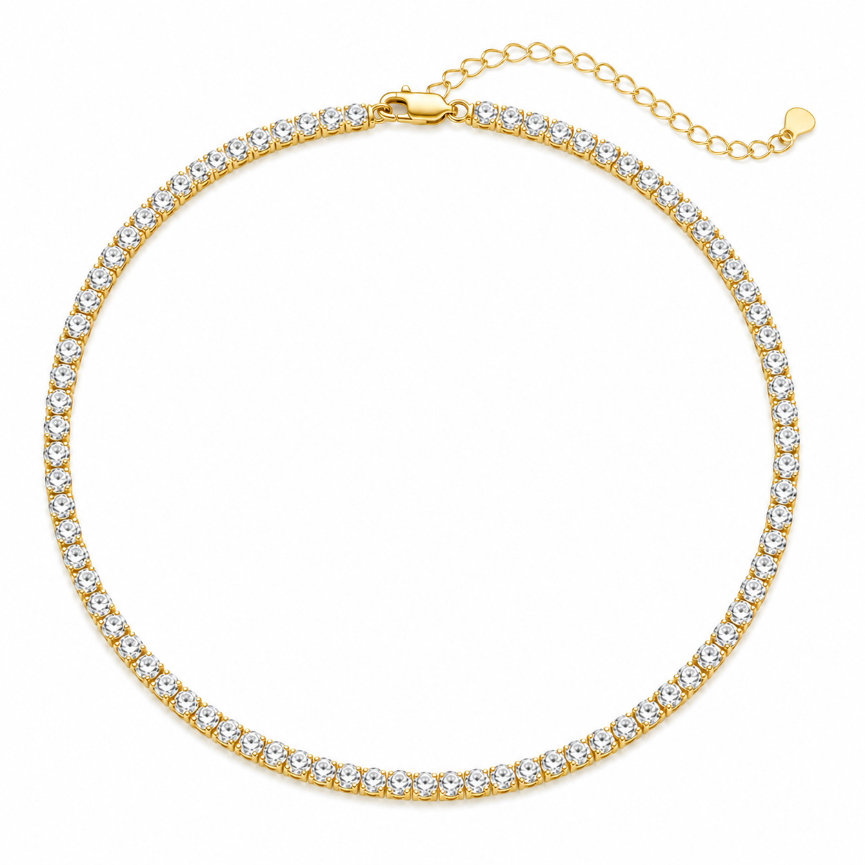 Clara gold tennis choker necklace with clear 4 mm stones, lobster clasp, adjustable extension chain, and heart-shaped end tag on a white background.