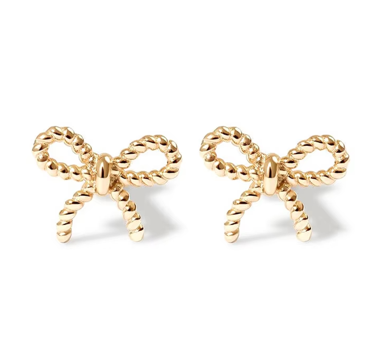 Pair of Colette gold bow stud earrings with a twisted rope design on a white background