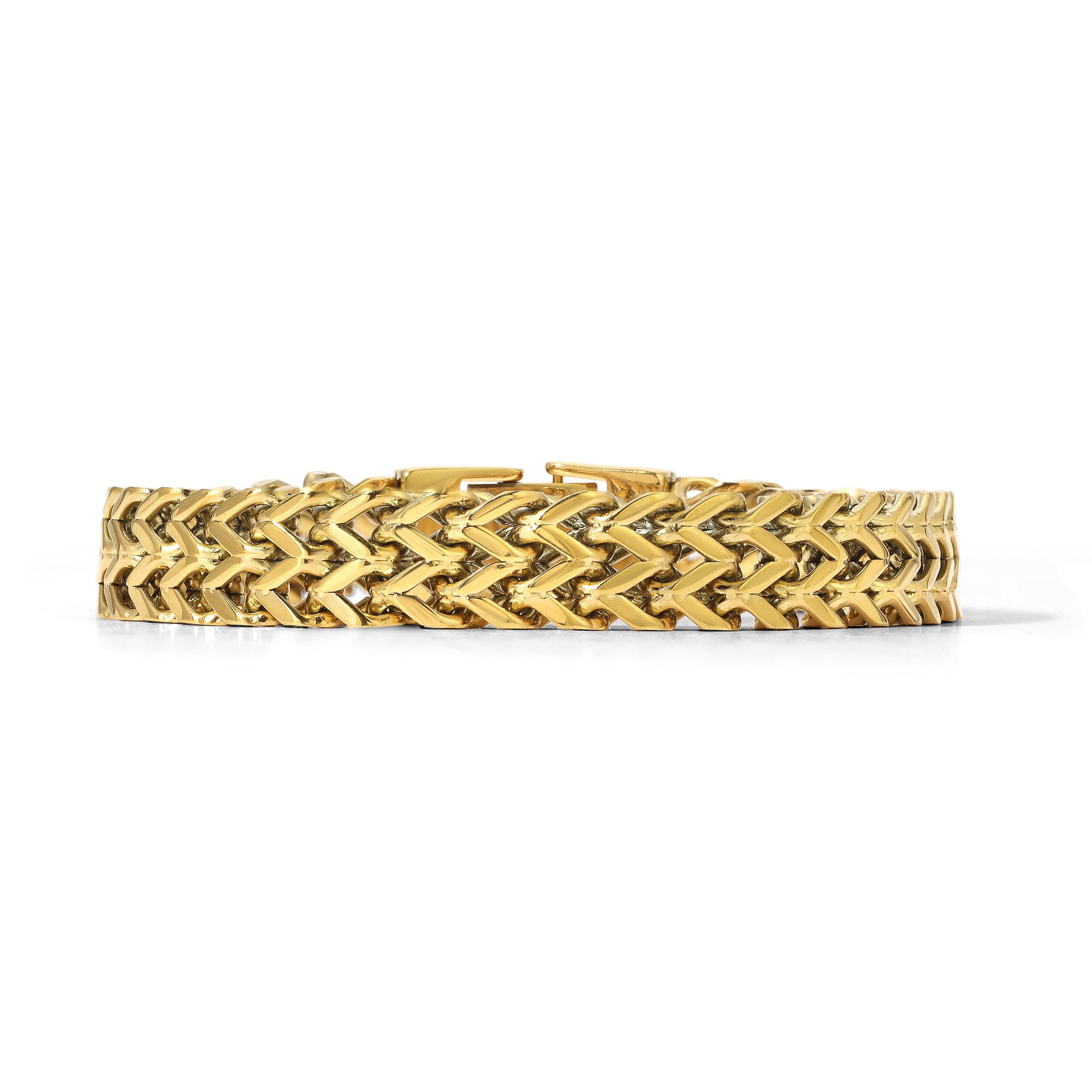 Side view of the Cora bold gold Cuban chain bracelet showing its woven link design on a white background