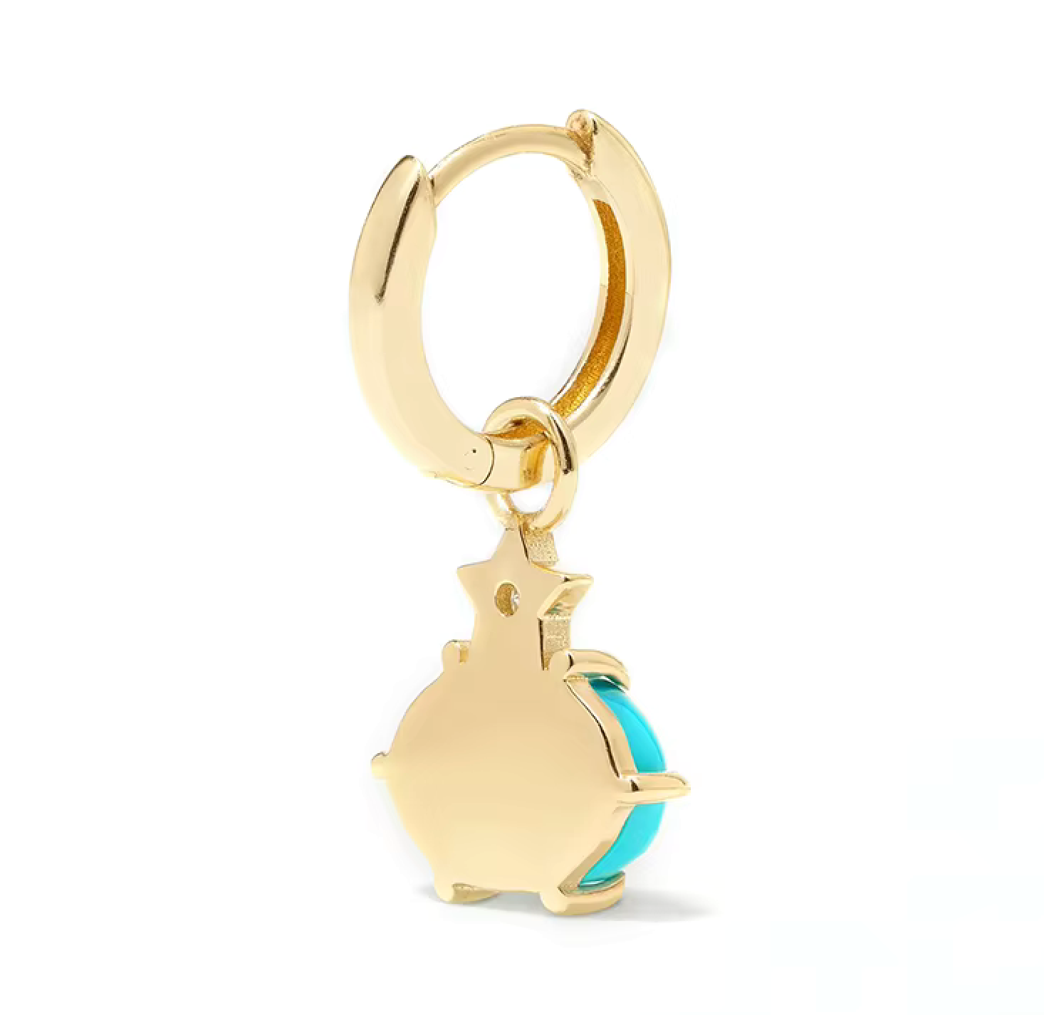 Back view of gold hoop earring with turquoise stone charm