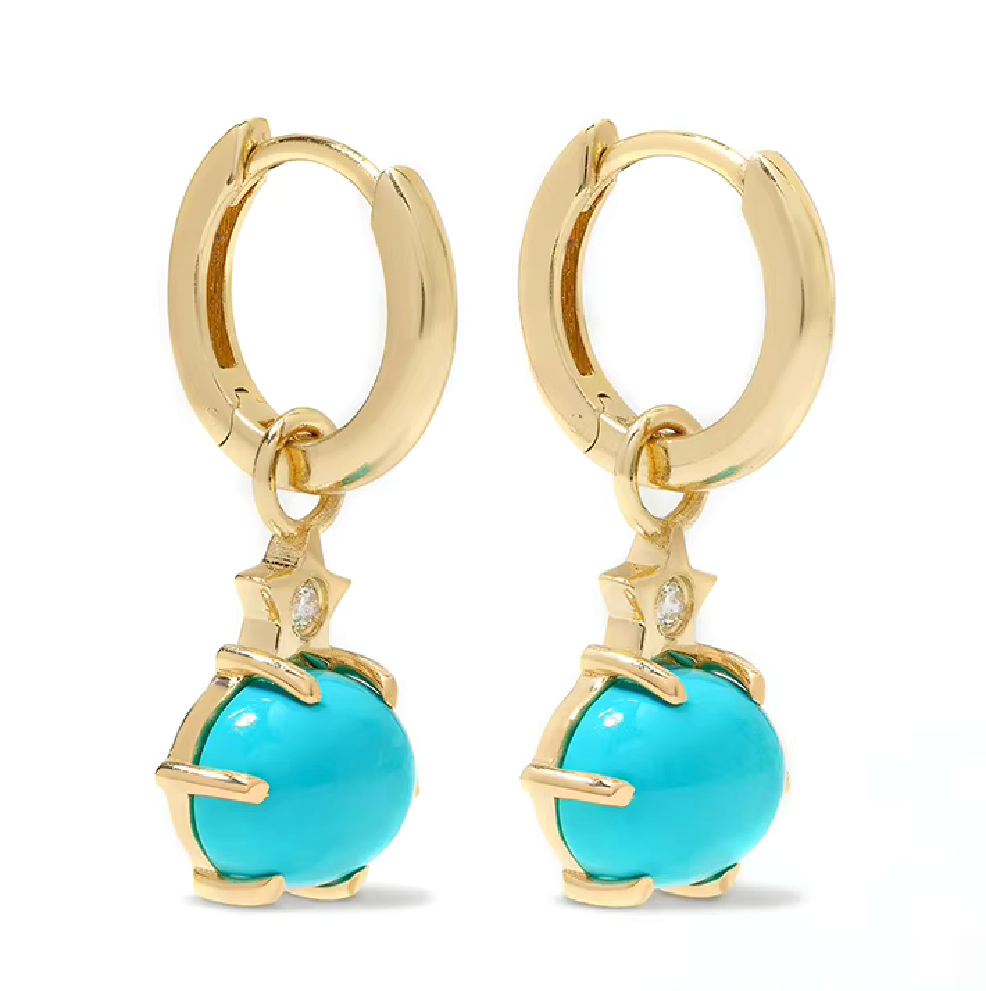 Gold hoop earrings with turquoise stone drops and clear crystal accents