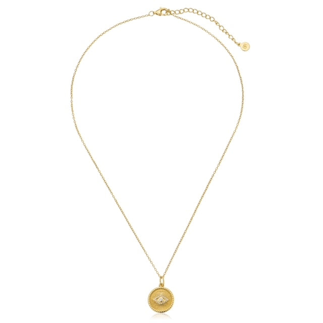 Full view of the Karla gold evil eye pendant necklace with adjustable chain