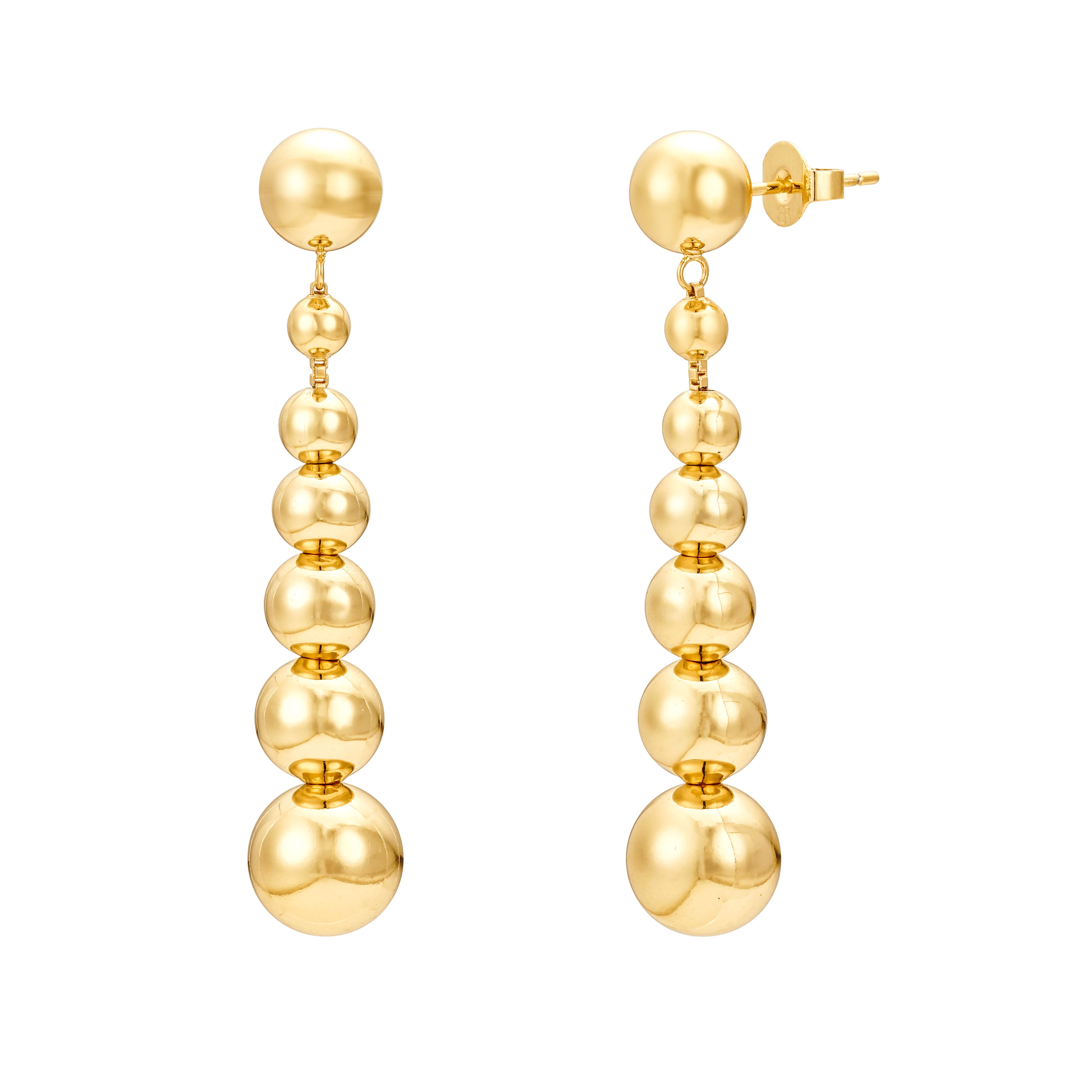 Livia 18K gold-plated sterling silver drop earrings with graduated polished gold balls on a white background.