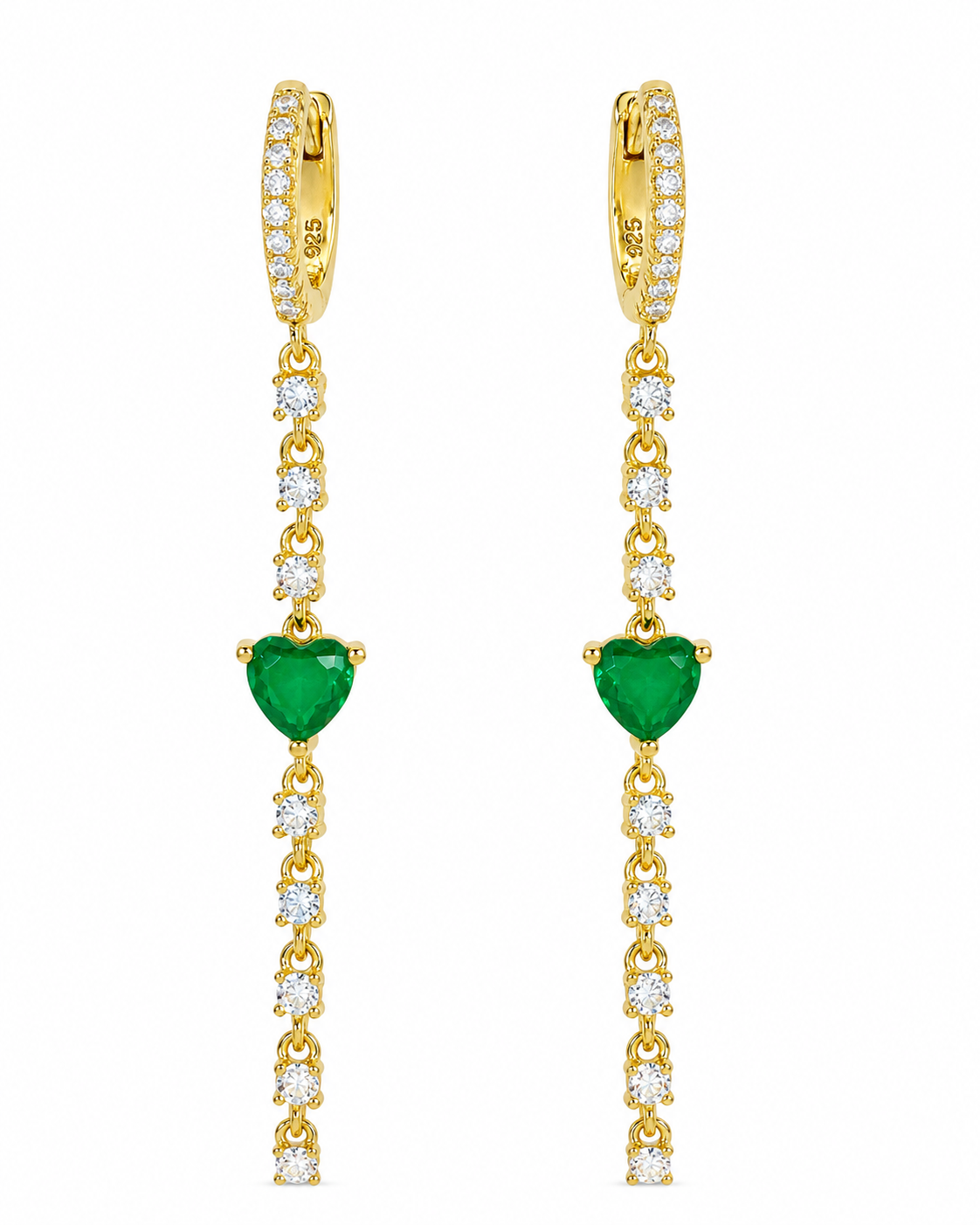 Monica 14k gold-plated sterling silver drop earrings with green heart-shaped emerald and clear simulated diamonds
