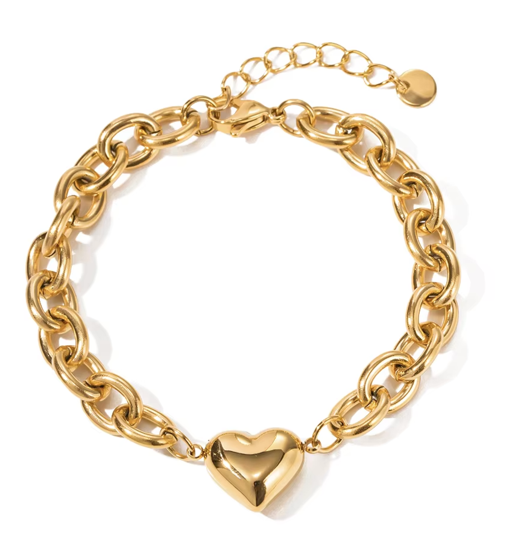 Olivia Puffy Heart Link Bracelet in 14K gold plated stainless steel featuring a polished puffy heart charm and bold link chain.