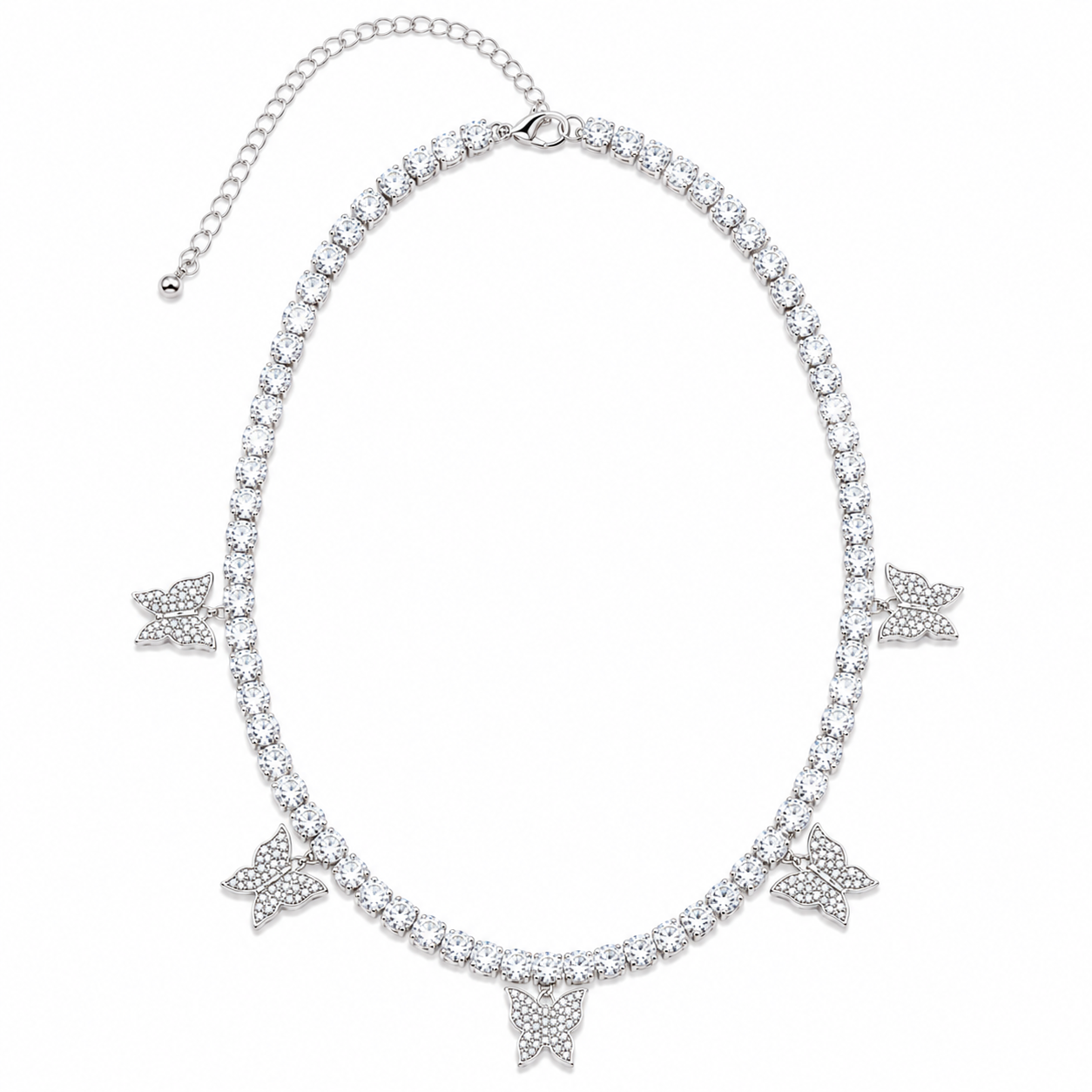 Silver Tallulah Butterfly Tennis Necklace with 3 mm clear stones and five pavé butterfly charms on a white background