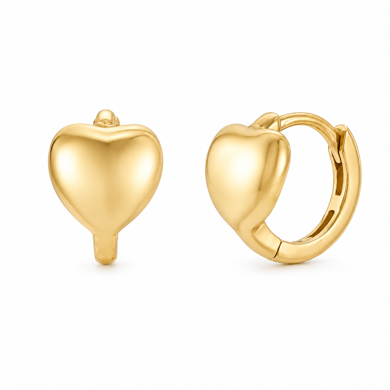 A pair of polished yellow gold heart-shaped hoop earrings, shown from both front and side angles on a clean white background.