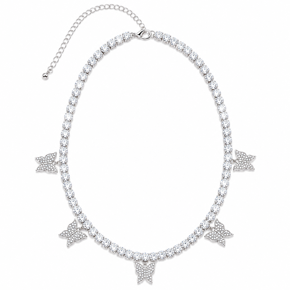 Silver Tallulah Butterfly Tennis Necklace with 3 mm clear stones and five pavé butterfly charms on a white background