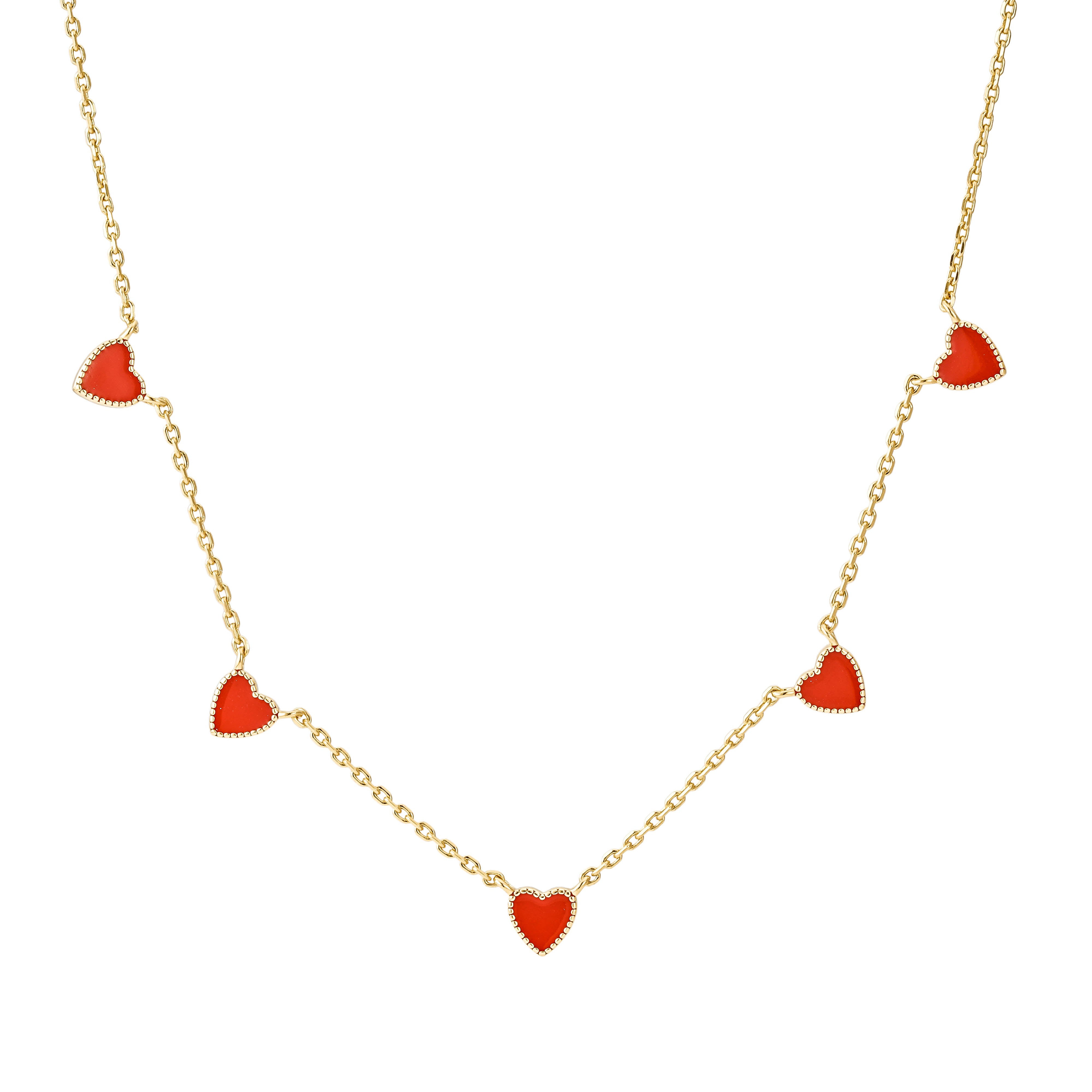 Five Red Enamel Hearts on Gold Chain