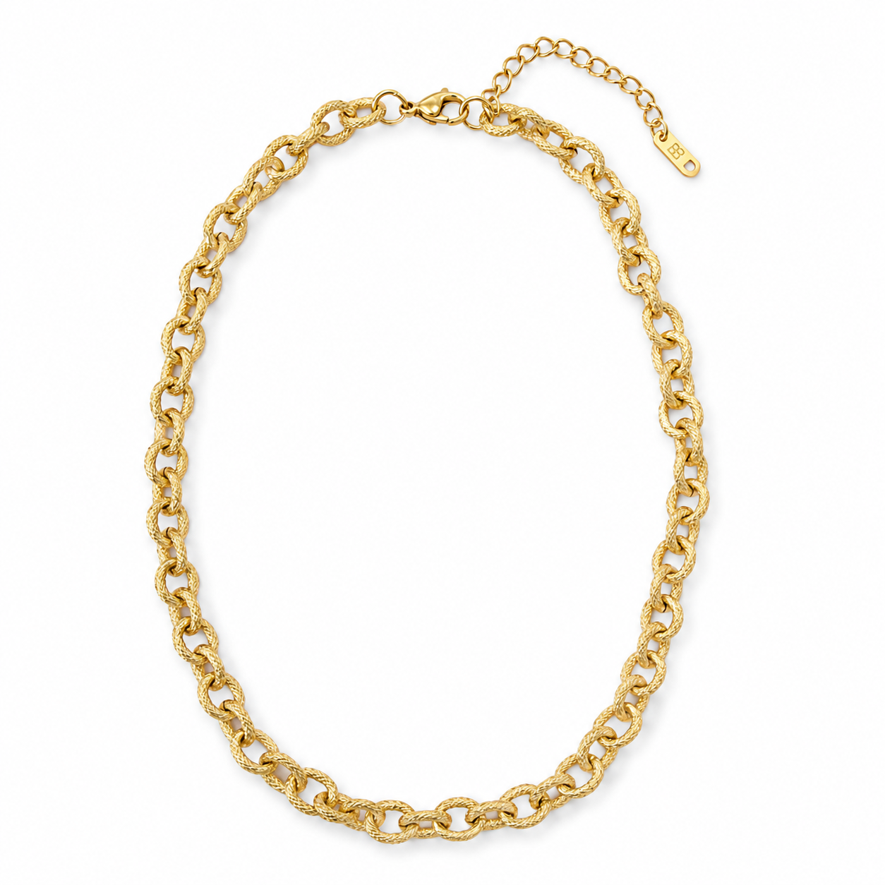 A gold chain necklace with textured, rope-like links and an adjustable lobster clasp with an extender chain, shown on a plain white background.
