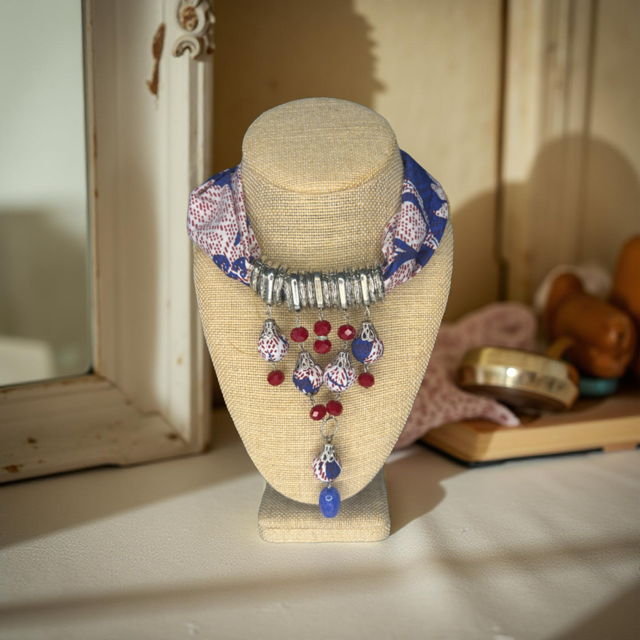 Moringa-Batik Statement Necklace with BLUE ORCHID with Silver Accent and Blue Lapis and Silver Accent