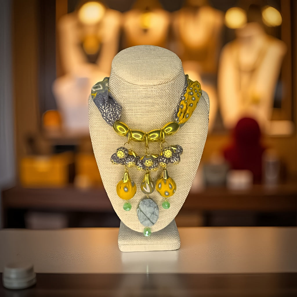 Moringa-Batik Statement Necklace with BLUE, GRAY and  YELLOW GUMITIR Design And Gold Accent