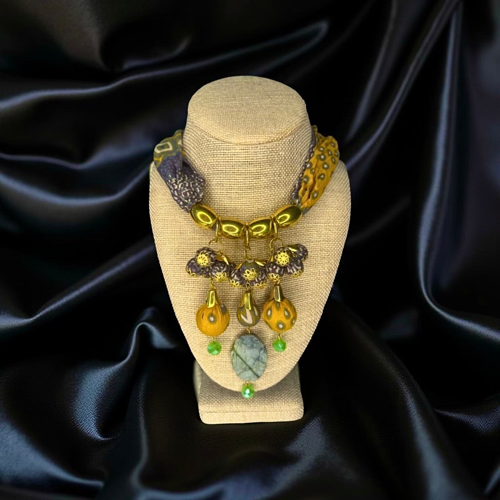 Moringa-Batik Statement Necklace with BLUE, GRAY and  YELLOW GUMITIR Design And Gold Accent